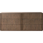 Featuring Leo Rustic Grey 6 Drawer Dresser by Four Hands at Amethyst Home. Designed by Thomas Bina and Ronald Sasson, a design partnership blending both modern minimalist and Brazilian influences. Crafted from solid oak, this clean-lined dresser features vertical reed detailing on the drawer fronts with wooden pull detailing on the outer edges. Drawers are . Amethyst Home provides interior design, new home construction design consulting, vintage area rugs, and lighting in the San Diego metro area.