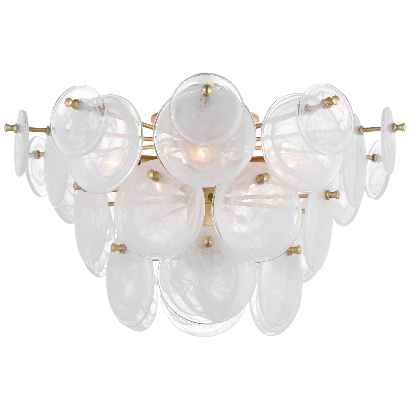 Featuring Loire Large Tiered Flush Mount Gild by Visual Comfort at Amethyst Home. The Loire by AERIN evokes mid-century Italian elegance while adding modern updates in design and finishes. The fluid and dynamic silhouettes cascade and inspire through the distinctive glow of light softly filtered through hand-blown white strié glass discs. Larger pieces can allow a sizeable dining ro. Amethyst Home provides interior design, new construction, custom furniture, and area rugs in the Dallas metro area