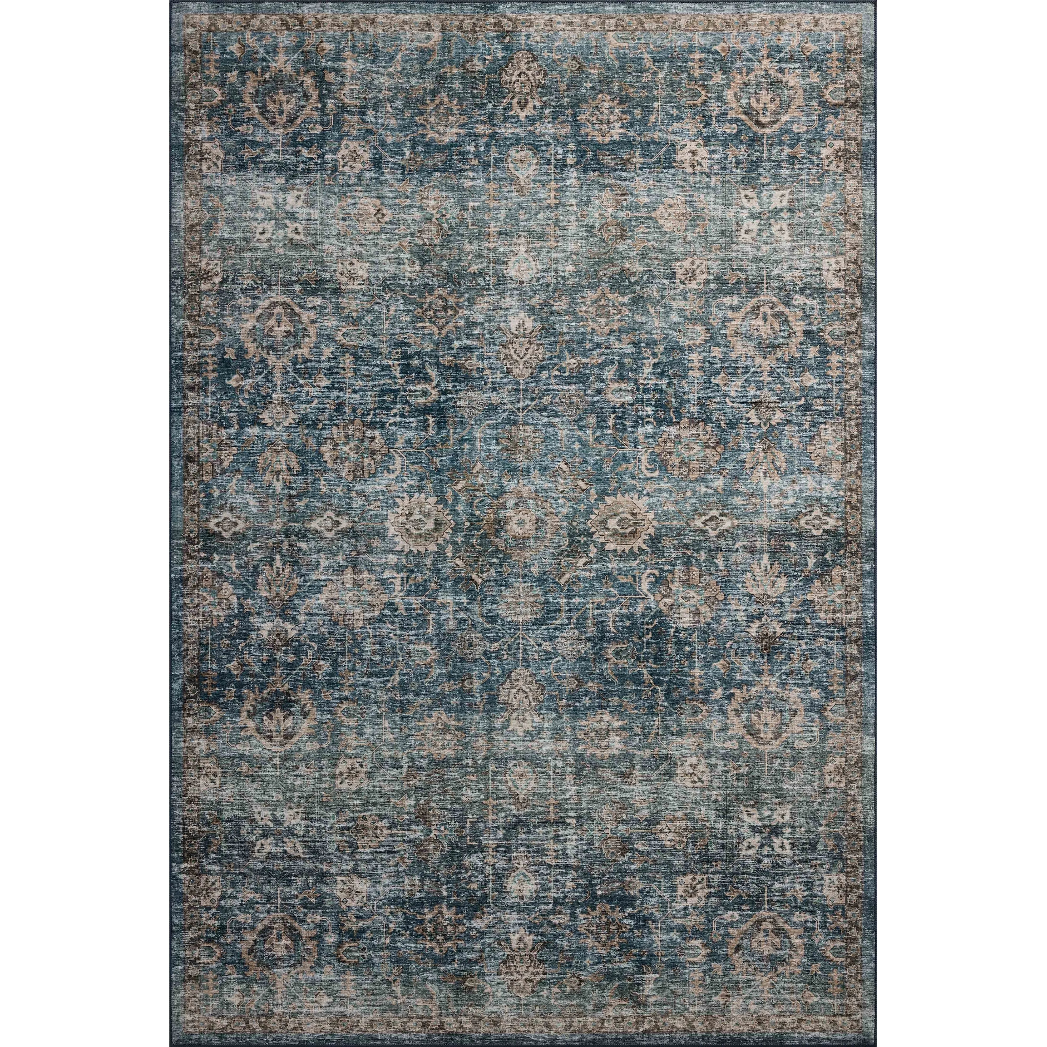 Featuring Anniston Machine Washable Lagoon / Natural Rug by Loloi at Amethyst Home. The Anniston Collection is a washable rug with traditional motifs in beautifully saturated and distressed tones. This durable area rug is power-loomed of polyester in China and designed for the busiest rooms of the home—living rooms, bedrooms, kitchens, hallways, and more. I. Amethyst Home provides interior design, new home construction design consulting, vintage area rugs, and lighting in the Charlotte metro area.