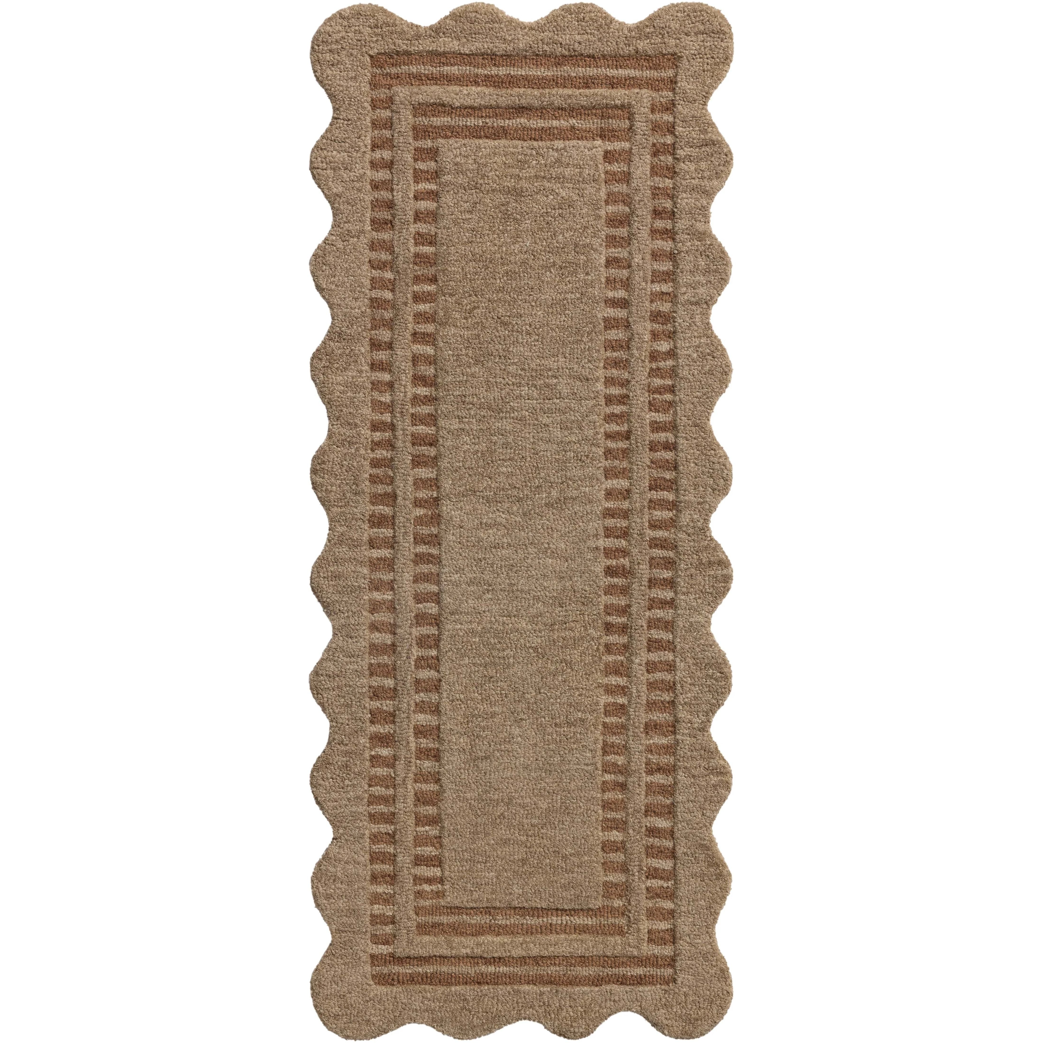 Featuring Chris Loves Julia × Loloi Scottie Mocha / Clay Rug by Loloi at Amethyst Home. The Scottie Collection from Chris Loves Julia x Loloi is a hand-tufted wool area rug with a playful scalloped edge and lower-pile, striped border for a touch of structure. The rugs overall pile is thick and plush, available in easygoing earth tones and neutral colorways. Th. Amethyst Home provides interior design, new home construction design consulting, vintage area rugs, and lighting in the Dallas metro area.