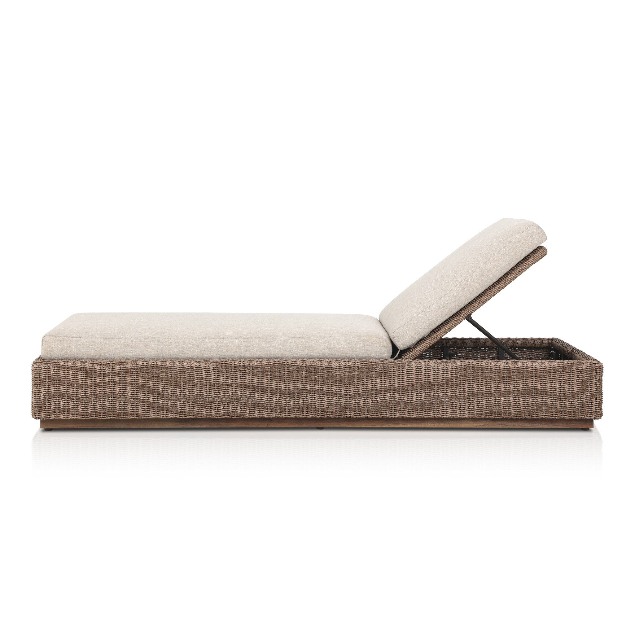 Featuring Lorelei Alessi Buff Outdoor Chaise by Four Hands at Amethyst Home. A slim, stylish profile invites outdoor lounging. The woven box base frames durable, outdoor-friendly cushioning in soft buff. An adjustable back offers personalized comfort, while the wooden plinth elevates the sleek design. Cover or store indoors during inclement weather and when not in use.Overall Dimensio. Amethyst Home provides interior design, new construction, custom furniture, and area rugs in the Omaha metro area