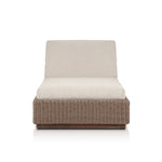 Featuring Lorelei Alessi Buff Outdoor Chaise by Four Hands at Amethyst Home. A slim, stylish profile invites outdoor lounging. The woven box base frames durable, outdoor-friendly cushioning in soft buff. An adjustable back offers personalized comfort, while the wooden plinth elevates the sleek design. Cover or store indoors during inclement weather and when not in use.Overall Dimen. Amethyst Home provides interior design, new construction, custom furniture, and area rugs in the Portland metro area