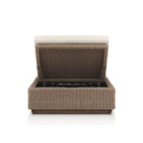 Featuring Lorelei Alessi Buff Outdoor Chaise by Four Hands at Amethyst Home. A slim, stylish profile invites outdoor lounging. The woven box base frames durable, outdoor-friendly cushioning in soft buff. An adjustable back offers personalized comfort, while the wooden plinth elevates the sleek design. Cover or store indoors during inclement weather and when not in use.Overall . Amethyst Home provides interior design, new construction, custom furniture, and area rugs in the Winter Garden metro area