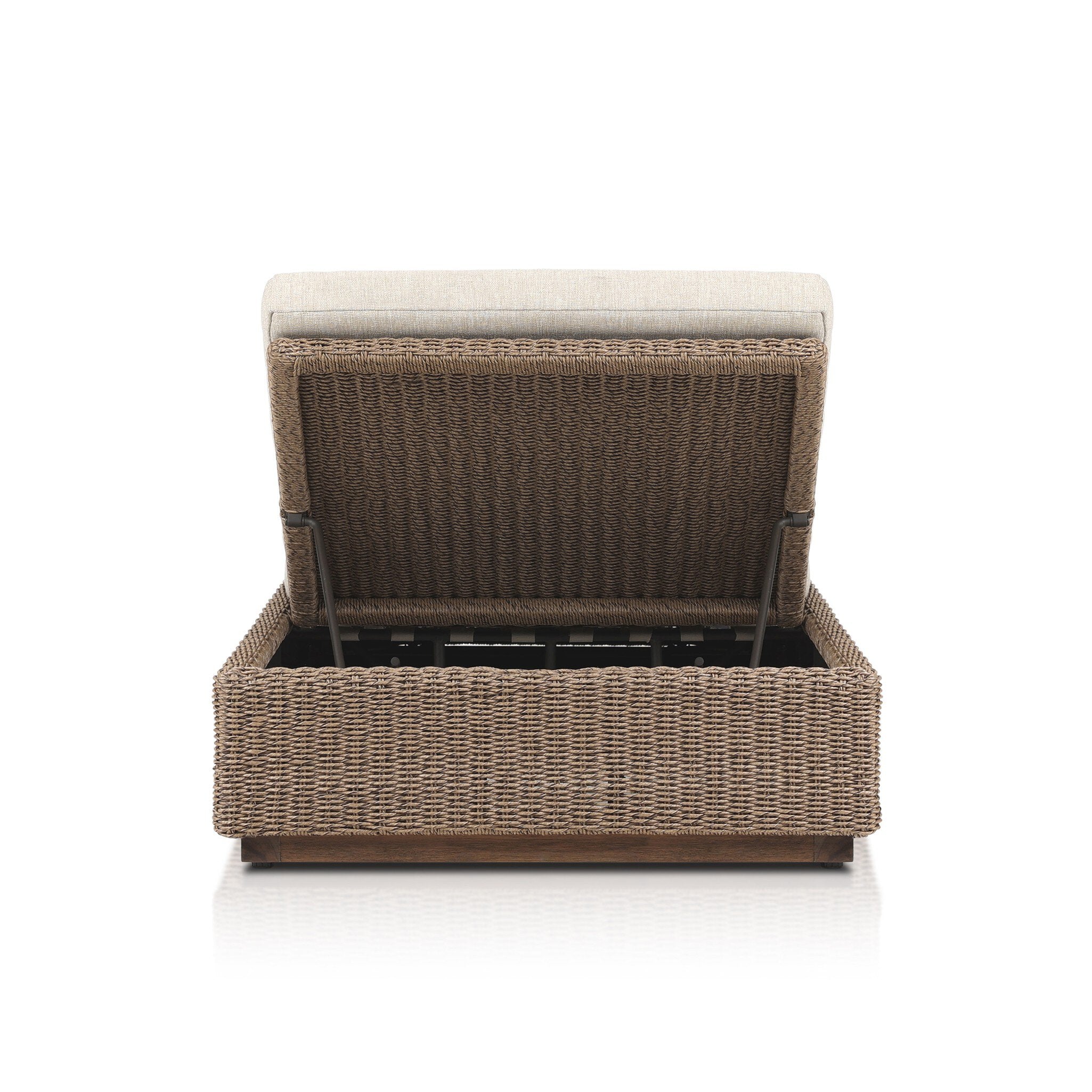 Featuring Lorelei Alessi Buff Outdoor Chaise by Four Hands at Amethyst Home. A slim, stylish profile invites outdoor lounging. The woven box base frames durable, outdoor-friendly cushioning in soft buff. An adjustable back offers personalized comfort, while the wooden plinth elevates the sleek design. Cover or store indoors during inclement weather and when not in use.Overall . Amethyst Home provides interior design, new construction, custom furniture, and area rugs in the Winter Garden metro area