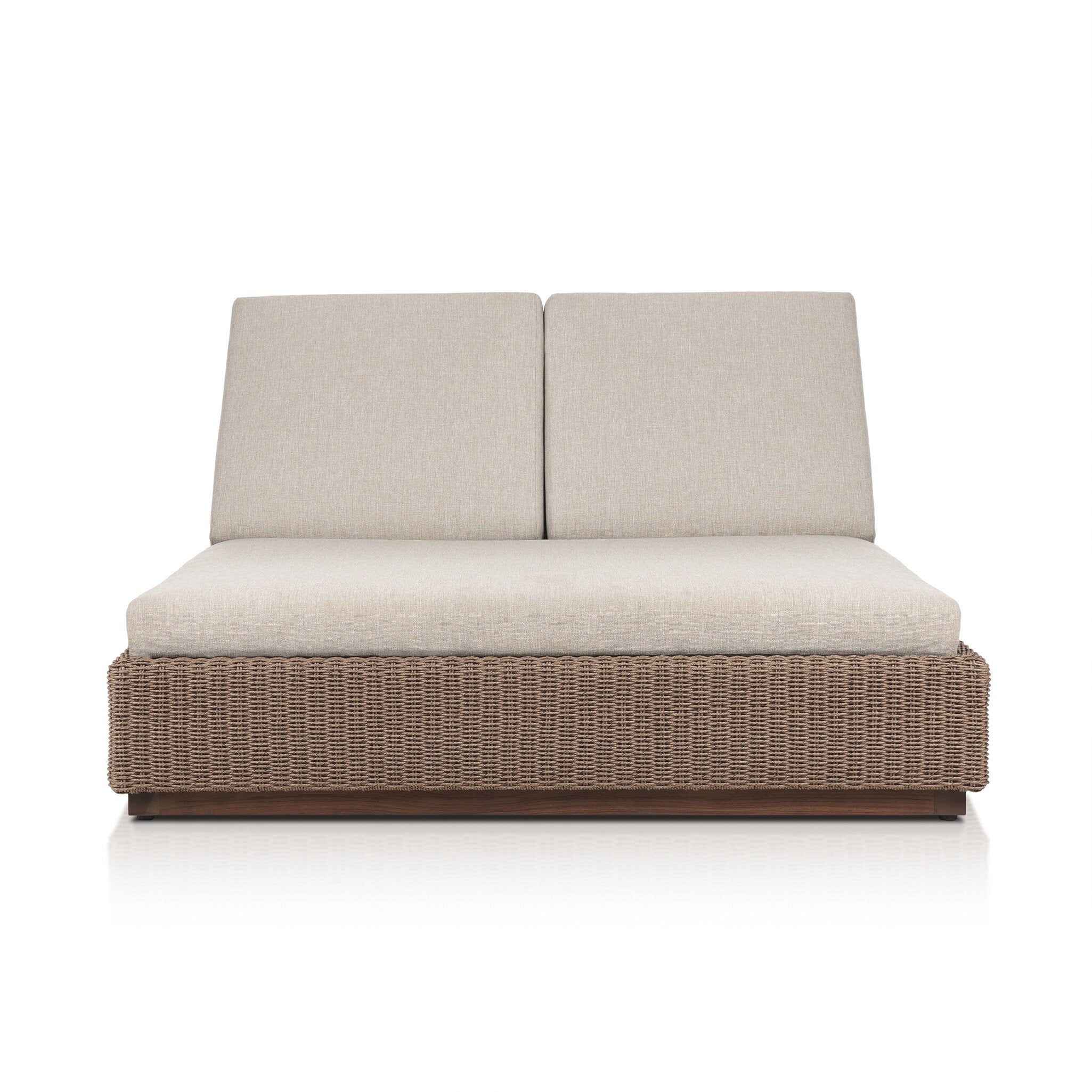 Featuring Lorelei Alessi Buff Outdoor Double Chaise by Four Hands at Amethyst Home. A slim, stylish profile made for lounging. A woven box base frames durable, outdoor-friendly cushioning in soft buff. An adjustable back offers personalized comfort, while a wooden plinth elevates this sleek design. Cover or store indoors during inclement weather and when not in use.Overall Dimensi. Amethyst Home provides interior design, new construction, custom furniture, and area rugs in the San Diego metro area