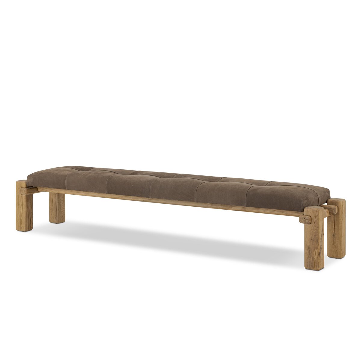 Featuring Marcia Nubuck Cigar Accent Bench by Four Hands at Amethyst Home. Designed by Thomas Bina and Ronald Sasson, a design partnership blending both modern minimalist and Brazilian influences. Crafted from natural reclaimed French oak with overstated joint details, with a top-grain leather cushion for comfort. Rounded edges bring a soft, playful feel to the entire piece.Over. Amethyst Home provides interior design, new construction, custom furniture, and area rugs in the Los Angeles metro area