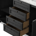 Featuring Millie Satin Drifted Black Veneer Double Vanity by Four Hands at Amethyst Home. A sleek design built with tons of storage. Crafted with a thick oak veneer base in a satin black finish, a Carrera marble top and iron hardware in an antique bronze finish. A mix of drawers and cabinets offers plenty of storage. Drawers are fully finished in light natural oak; top drawer is no. Amethyst Home provides interior design, new construction, custom furniture, and area rugs in the Portland metro area