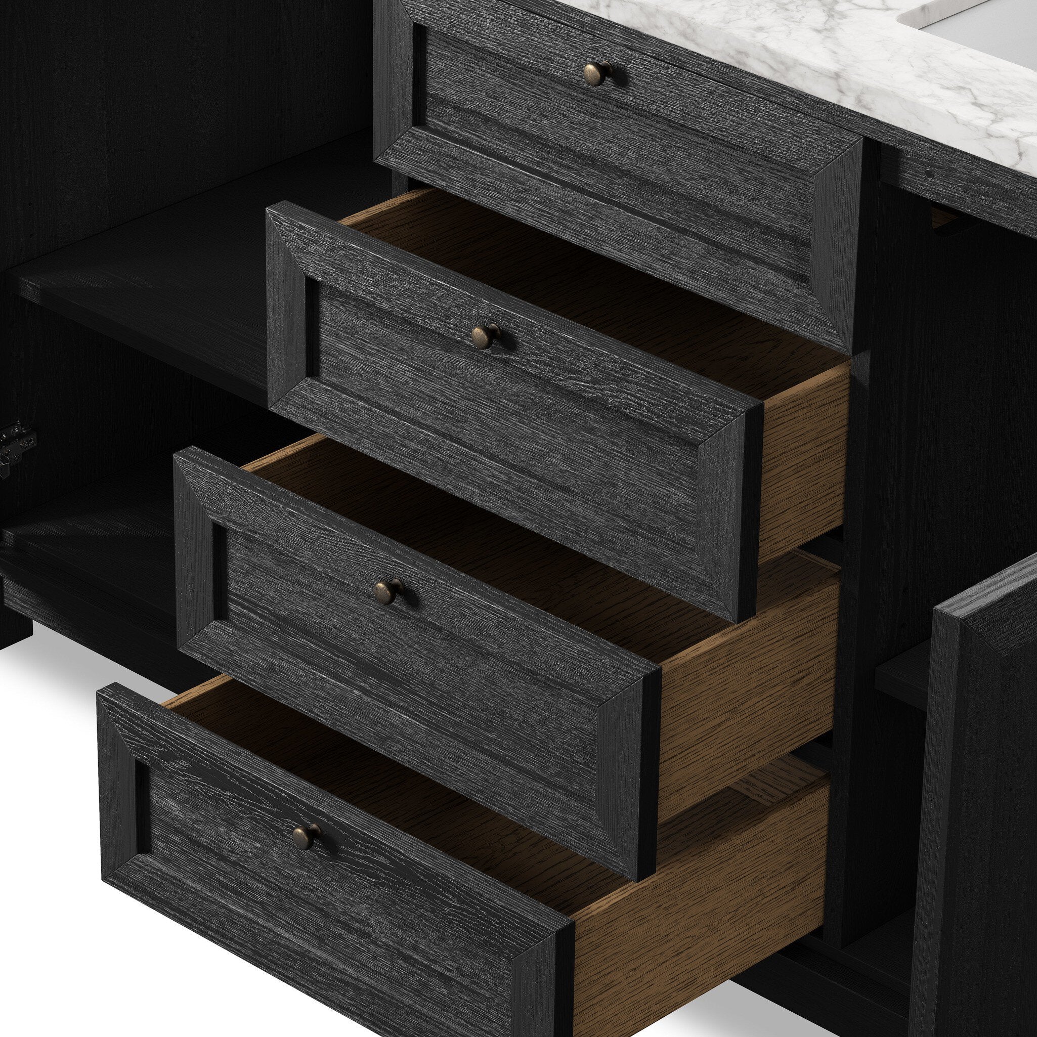 Featuring Millie Satin Drifted Black Veneer Double Vanity by Four Hands at Amethyst Home. A sleek design built with tons of storage. Crafted with a thick oak veneer base in a satin black finish, a Carrera marble top and iron hardware in an antique bronze finish. A mix of drawers and cabinets offers plenty of storage. Drawers are fully finished in light natural oak; top drawer is no. Amethyst Home provides interior design, new construction, custom furniture, and area rugs in the Portland metro area