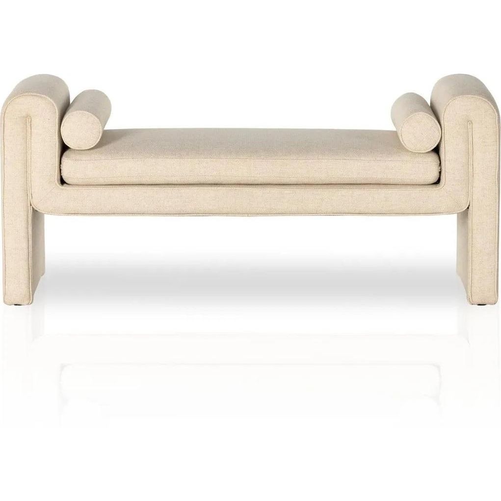 Featuring Mitchell Thames Cream Accent Bench by Four Hands at Amethyst Home. Trendy folded sides complement a comfortable bench-style seat of soft, cream-colored upholstery exclusive to Four Hands. Performance fabrics are specially created to withstand spills, stains, high traffic and wear, ensuring long-term comfort and unmatched durability.
Overall Dimensions. Amethyst Home provides interior design, new home construction design consulting, vintage area rugs, and lighting in the Tampa metro area.