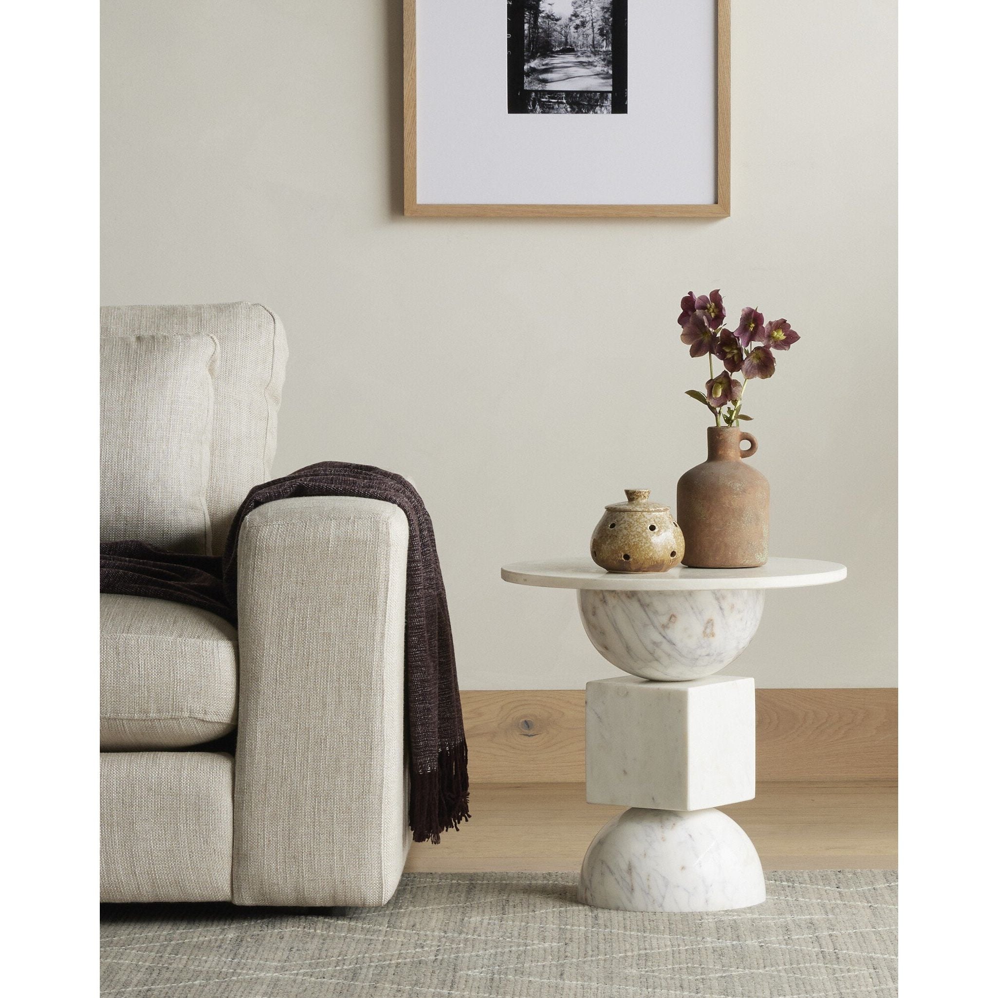 Featuring Neda Polished White Marble End Table by Four Hands at Amethyst Home. Shape up. Polished white marble forms a stack-style end table of semicircles and squares, for a Deco-inspired look with subtle Eighties vibes.Overall Dimensions: 18.00"w x 18.00"d x 18.50"hWeight : 100.53 lbsMaterials : Solid Marble. Amethyst Home provides interior design, new construction, custom furniture, and area rugs in the Park City metro area