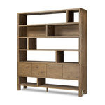 Featuring Noeline Worn Oak Wide Bookcase by Four Hands at Amethyst Home. Made from solid oak and oak veneer, a wide bookcase offers open and concealed shelving, for both storage and display. Push-latch doors make for a clean, seamless look, while subtly rounded corners soften up the whole look.Overall Dimensions: 84.00"w x 18.00"d x 94.00"hWeight : 500.44 lbsMaterials : Solid Oak. Amethyst Home provides interior design, new construction, custom furniture, and area rugs in the Alpharetta metro area