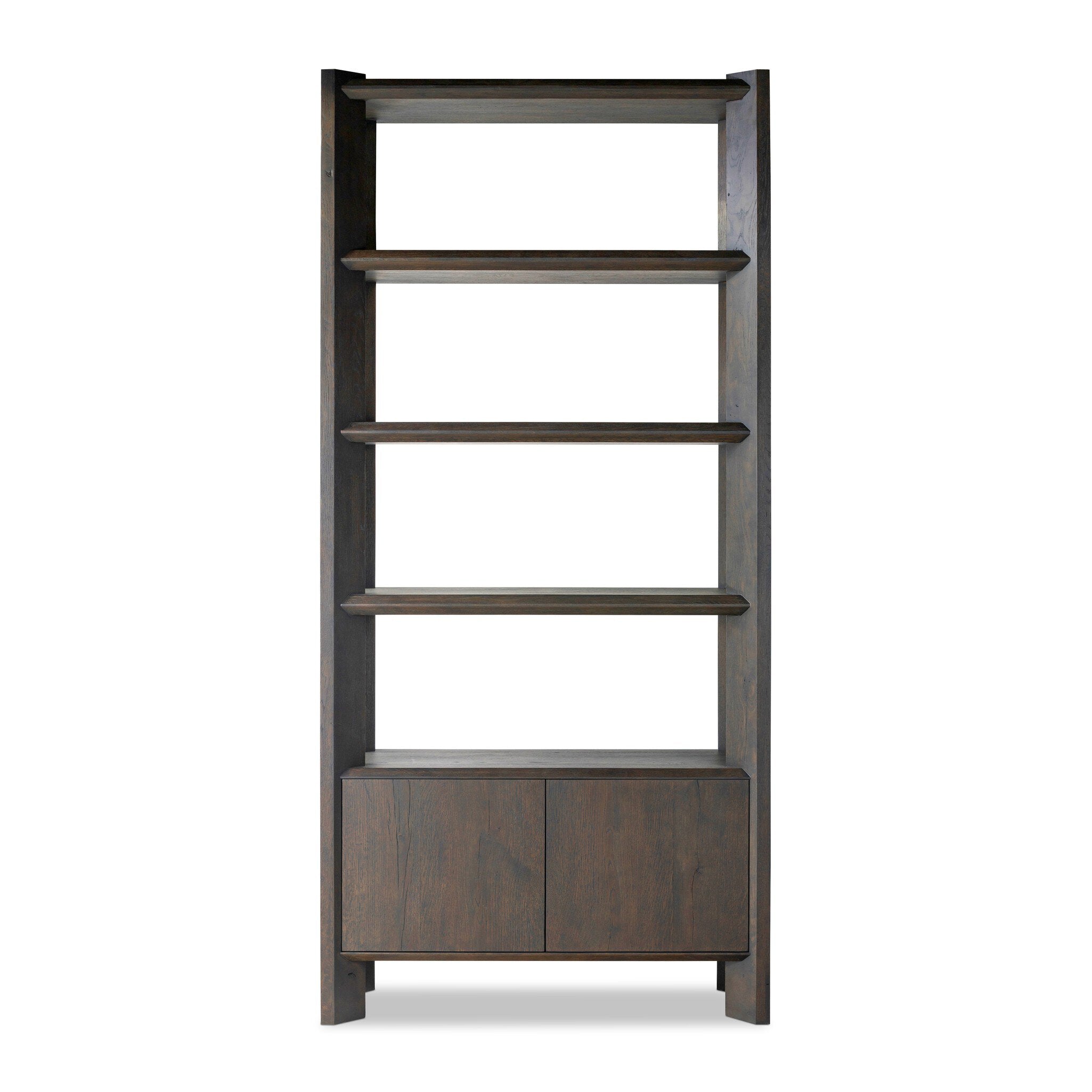 Featuring Orwin Smoked Black Oak Bookshelf by Four Hands at Amethyst Home. A stunner from every angle. Crafted from a mix of solid oak and thick oak veneer, this generous bookcase features chamfered edges along the shelves and angled outer legs for lots of movement. Finished in a smoked black oak finish.Overall Dimensions: 44.00"w x 18.00"d x 94.00"hWeight : 253.53 lbsMaterials : Soli. Amethyst Home provides interior design, new construction, custom furniture, and area rugs in the Miami metro area