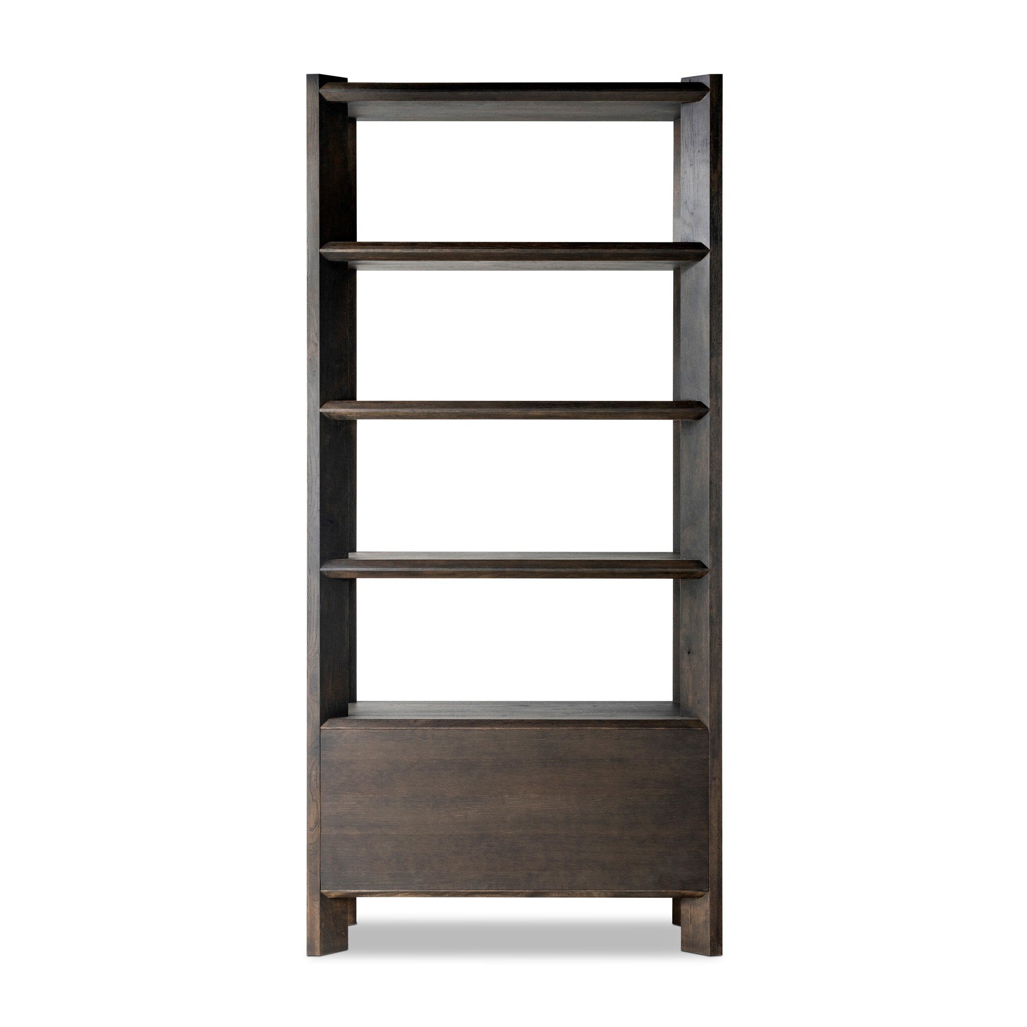 Featuring Orwin Smoked Black Oak Bookshelf by Four Hands at Amethyst Home. A stunner from every angle. Crafted from a mix of solid oak and thick oak veneer, this generous bookcase features chamfered edges along the shelves and angled outer legs for lots of movement. Finished in a smoked black oak finish.Overall Dimensions: 44.00"w x 18.00"d x 94.00"hWeight : 253.53 lbsMaterials : . Amethyst Home provides interior design, new construction, custom furniture, and area rugs in the Nashville metro area