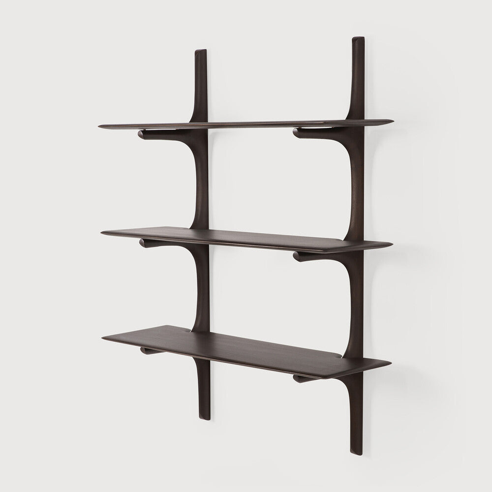 Featuring Pi Mahogany Dark Brown 3 Shelves Wall Shelf by Ethnicraft at Amethyst Home. The PI collection honours nature’s design by keeping the strength, curves and lines, as nature intended. Interesting shapes are discovered in this sleek and stylish, polished imperfect, finish. Each PI item is finished by hand to ensure that the individual character of the wood is respected. The PI. Amethyst Home provides interior design, new construction, custom furniture, and area rugs in the Seattle metro area