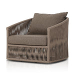Featuring Porto Ellor Brown Outdoor Swivel Chair by Four Hands at Amethyst Home. A beautiful rope-based design is woven across a durable, 360-swivel aluminum frame in a rich bronze finish. Topped with a wide cushion and throw pillow, all upholstered in 100% olefin, known for its UV-resistant, water-repellent and quick-drying abilities. Cover or store indoors during inclement weat. Amethyst Home provides interior design, new construction, custom furniture, and area rugs in the Alpharetta metro area