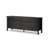 Featuring Roark Ebony Oak Veneer 6 Drawer Dresser by Four Hands at Amethyst Home. Rounded, chunky dowel legs in an ebony oak finish support the overhang top of this dresser. Six drawers provide ample storage, finished with simple gunmetal hardware.Overall Dimensions: 75.00"w x 20.00"d x 31.50"hWeight : 260.14 lbsMaterials : Oak Veneer, Solid Oak. Amethyst Home provides interior design, new construction, custom furniture, and area rugs in the Dallas metro area