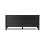 Featuring Roark Ebony Oak Veneer 6 Drawer Dresser by Four Hands at Amethyst Home. Rounded, chunky dowel legs in an ebony oak finish support the overhang top of this dresser. Six drawers provide ample storage, finished with simple gunmetal hardware.Overall Dimensions: 75.00"w x 20.00"d x 31.50"hWeight : 260.14 lbsMaterials : Oak Veneer, Solid Oak. Amethyst Home provides interior design, new construction, custom furniture, and area rugs in the Los Angeles metro area