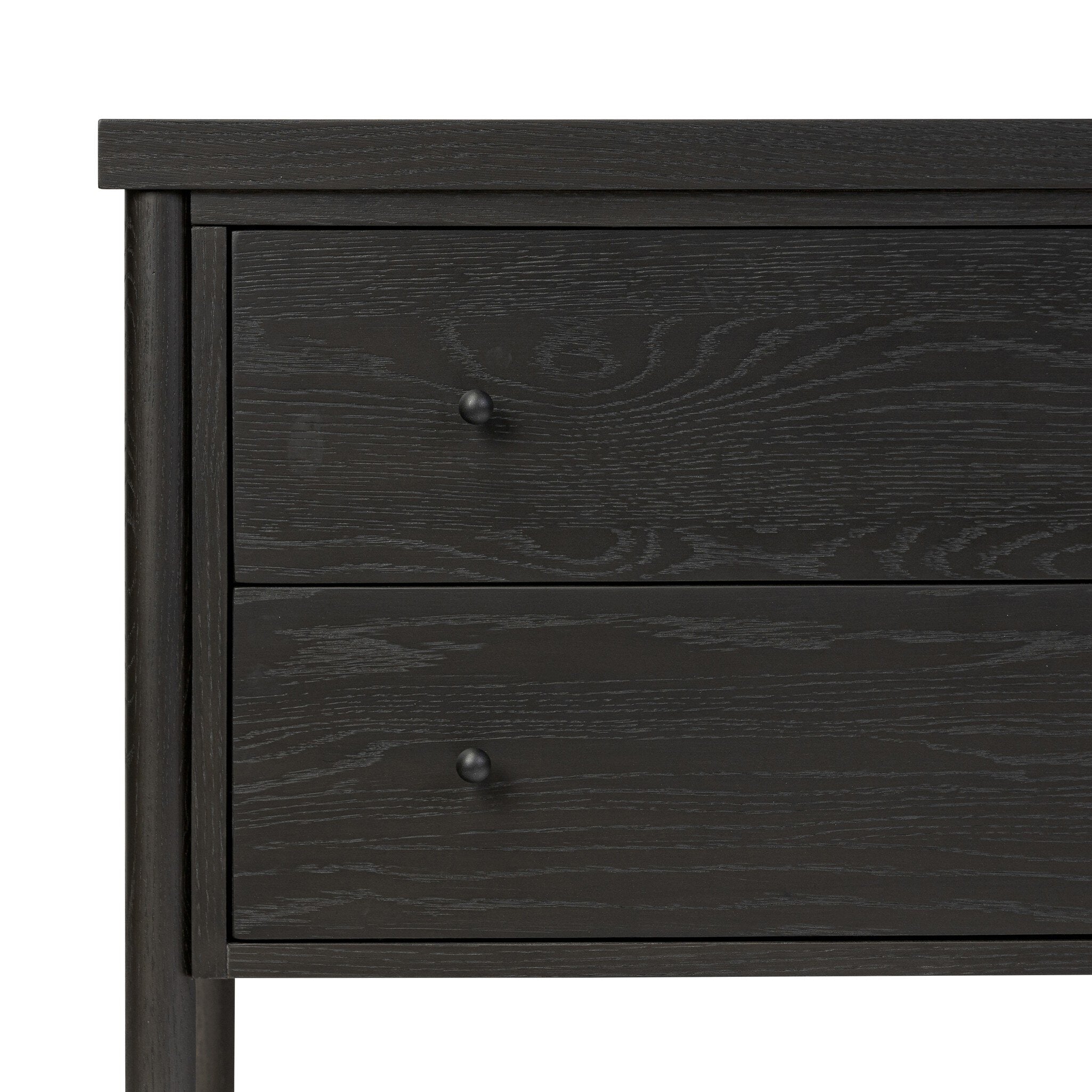 Featuring Roark Ebony Oak Veneer Nightstand by Four Hands at Amethyst Home. Rounded, chunky dowel legs in a black oak finish support the overhang top of this nightstand. Two drawers provide ample storage, finished with simple gunmetal hardware.Overall Dimensions: 30.00"w x 17.00"d x 24.00"hWeight : 76.06 lbsMaterials : Oak Veneer, Solid Oak. Amethyst Home provides interior design, new construction, custom furniture, and area rugs in the Tampa metro area