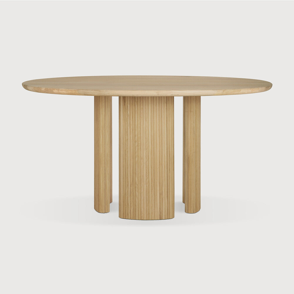 Featuring Roller Oak Round Max Dining Table by Ethnicraft at Amethyst Home. The Roller Max collection is remarkable in its design, distinguished with its stacked wood-stick effect. The dining table perfectly melds form with function. Featuring the option of reversable legs that can change the aesthetic to reflect personal style.Weight : 163 lbs Dimensions: 59.5" W x 59.5" L x 30. Amethyst Home provides interior design, new construction, custom furniture, and area rugs in the Los Angeles metro area