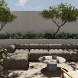 Featuring Roma Alessi Fawn Outdoor 4-Piece Sectional by Four Hands at Amethyst Home. A modern take on mid-century Italian design, soft volume and exaggerated proportions fuse for a sculpted look and playful feel. Atop a plinth-style teak base, outdoor-friendly four-piece sectional features dramatic tufting for a padded sit, indoors and out. Sustainably made with zero waste, luxurious. Amethyst Home provides interior design, new construction, custom furniture, and area rugs in the Dallas metro area