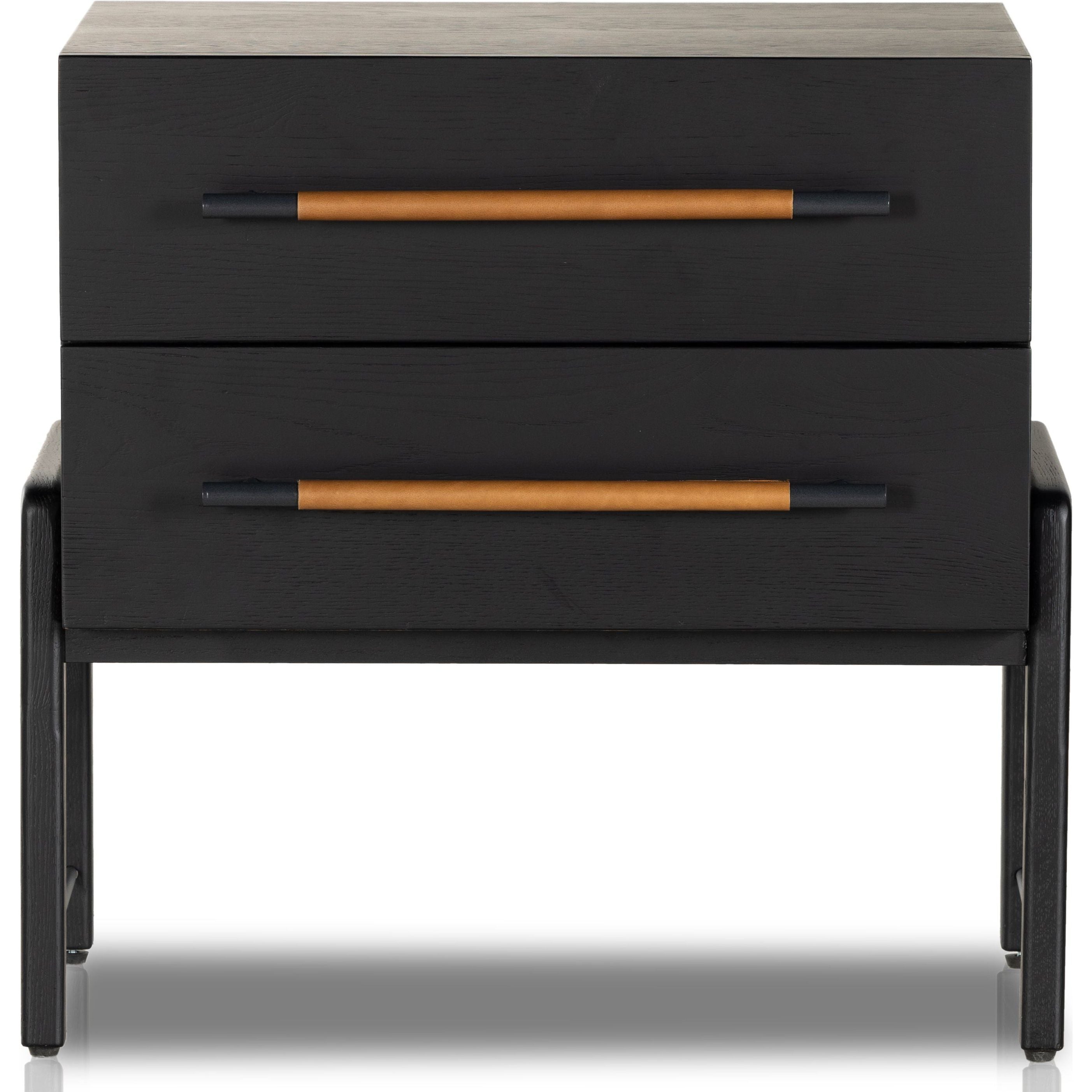 Featuring Rosedale Ebony Oak Nightstand by Four Hands at Amethyst Home. The light-finished oak of this Rosedale Nightstand brings a clean, brightness to any room. We love how the two spacious drawers have iron hardware wrapped in a gorgeous, tan leather. The dimension legs with iron connecting them bring a unique look to your bedroom or other area!Overall . Amethyst Home provides interior design, new home construction design consulting, vintage area rugs, and lighting in the Alpharetta metro area.