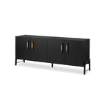 Featuring Rosedale Ebony Oak Sideboard by Four Hands at Amethyst Home. Accented with iron hardware wrapped in top-grain leather, black-finished oak veneer forms a clean silhouette with plenty of storage. Outset legs add an element of interest. Rear cutouts for cord management.Overall Dimensions: 73.25"w x 18.00"d x 30.00"hWeight : 154.32 lbsMaterials : Solid Oak, Top Grain Leath. Amethyst Home provides interior design, new construction, custom furniture, and area rugs in the Los Angeles metro area