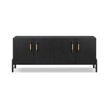 Featuring Rosedale Ebony Oak Sideboard by Four Hands at Amethyst Home. Accented with iron hardware wrapped in top-grain leather, black-finished oak veneer forms a clean silhouette with plenty of storage. Outset legs add an element of interest. Rear cutouts for cord management.Overall Dimensions: 73.25"w x 18.00"d x 30.00"hWeight : 154.32 lbsMaterials : Solid Oak, Top Grain Leather. Amethyst Home provides interior design, new construction, custom furniture, and area rugs in the San Diego metro area