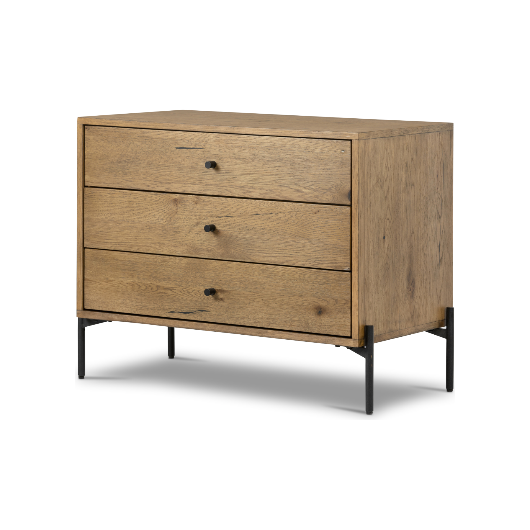 Featuring Eaton Large Nightstand - Amber-finished oak by Four Hands at Amethyst Home. Clean and streamlined. Amber-finished oak features three large drawers plus gunmetal-finished hardware, for a look that's always in style. Dark resin plays up woods' natural graining.
Overall Dimensions: 33.50"W x 18.50"L x 26"WColors: Amber Oak Resin, Dark GunmetalMate.  Amethyst Home provides interior design, new home construction design consulting, vintage area rugs, and lighting in the Los Angeles metro area.
