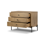 Featuring Eaton Large Nightstand - Amber-finished oak by Four Hands at Amethyst Home. Clean and streamlined. Amber-finished oak features three large drawers plus gunmetal-finished hardware, for a look that's always in style. Dark resin plays up woods' natural graining.
Overall Dimensions: 33.50"W x 18.50"L x 26"WColors: Amber Oak Resin, Dark GunmetalMaterials:.  Amethyst Home provides interior design, new home construction design consulting, vintage area rugs, and lighting in the Miami metro area.