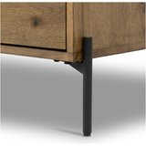 Featuring Eaton Large Nightstand - Amber-finished oak by Four Hands at Amethyst Home. Clean and streamlined. Amber-finished oak features three large drawers plus gunmetal-finished hardware, for a look that's always in style. Dark resin plays up woods' natural graining.
Overall Dimensions: 33.50"W x 18.50"L x 26"WColors: Amber Oak Resin, Dark GunmetalMateria.  Amethyst Home provides interior design, new home construction design consulting, vintage area rugs, and lighting in the Monterey metro area.