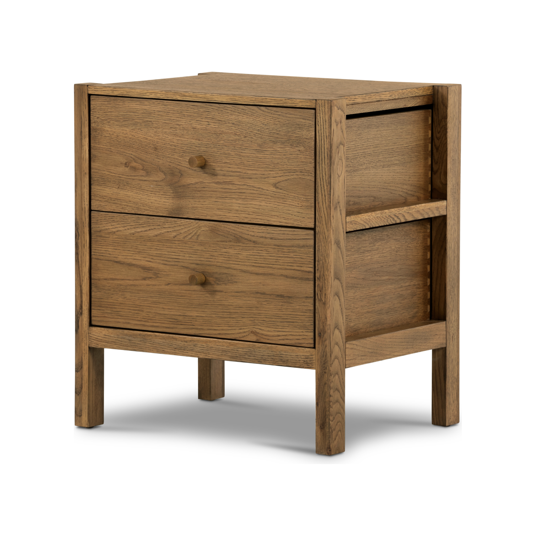 Featuring Meadow Tawny Oak Nightstand by Four Hands at Amethyst Home. With simple shaping inspired by midcentury casing, exposed framework and a warm oak finish bring a handcrafted, minimalist look to stylish bedside storage.Overall Dimensions: 22"W x 17.50"L x 25"HColors: Tawny Oak Veneer, Tawny OakMaterials: Oak Veneer, Solid Oak. Amethyst Home provides interior design, new home construction design consulting, vintage area rugs, and lighting in the Montecito metro area.