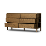 Featuring Meadow Tawny Oak 6 Drawer Dresser by Four Hands at Amethyst Home. With simple shaping inspired by midcentury casing, exposed framework and a warm oak finish bring a handcrafted, minimalist look to modern bedroom styling, with six spacious drawers for ample storage.
Overall Dimensions: 68.75"W x 17.50"L x 34.25"HColors: Tawny Oak Veneer, Tawny OakMate. Amethyst Home provides interior design, new home construction design consulting, vintage area rugs, and lighting in the Frisco metro area.