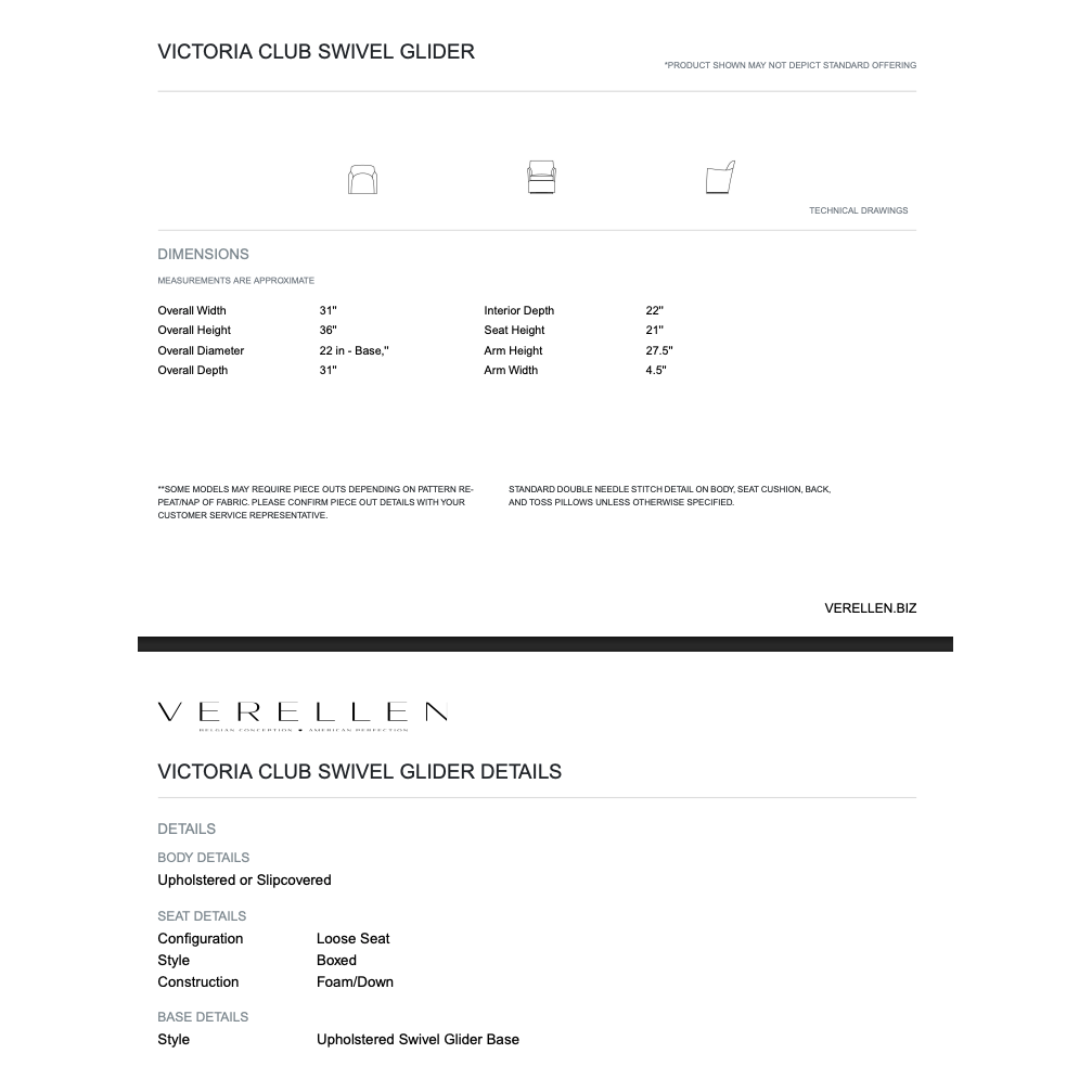 The Victoria Club Swivel Glider charms with its sleek, modern silhouette, gracefully curved armrests, and a plush, inviting loose seat cushion.  Its smooth swivel glider base adds a touch of functional elegance for effortless movement and ultimate relaxation. Amethyst Home provides interior design, new home construction design consulting, vintage area rugs, and lighting in the Monterey metro area.