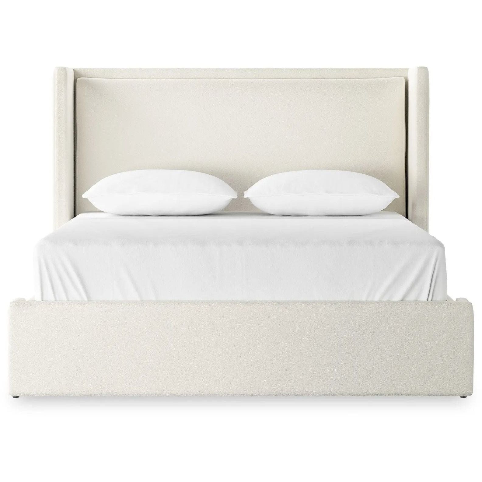 A shorter wingspan and geometric cutouts define this modern-day shelter wingback bed, designed for comfort from every angle. Upholstered in a cream fabric with subtle texture and a soft hand Amethyst Home provides interior design, new home construction design consulting, vintage area rugs, and lighting in the Monterey metro area.