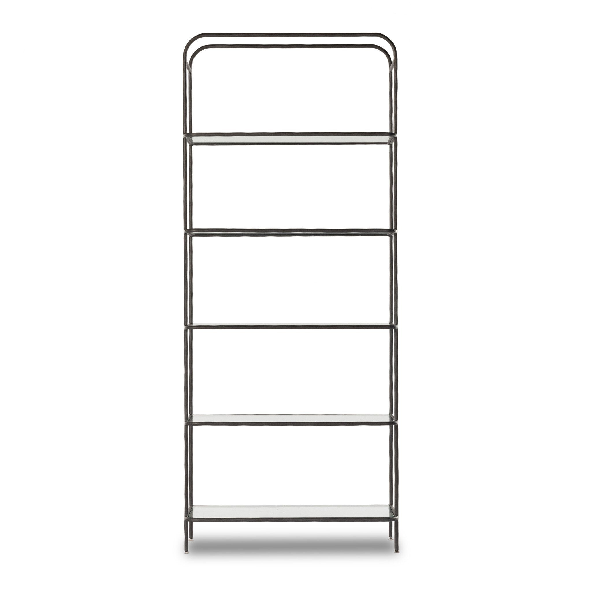 Featuring Swinton Hammered Aged Brass Bookcase by Four Hands at Amethyst Home. Hammered gunmetal-finished iron frames tempered glass shelving, for a transitional look with subtle vintage vibes.82"Overall Dimensions: 38.00"w x 20.75"d x 82.00"hWeight: 227.87 lbs102"Overall Dimensions: 42.00"w x 20.75"d x 102.00"hWeight: 293.21 lbsMaterials : Iron, Glass. Amethyst Home provides interior design, new construction, custom furniture, and area rugs in the Portland metro area