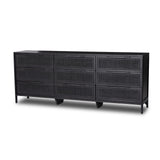Featuring Sydney Black Cane 9 Drawer Dresser by Four Hands at Amethyst Home. Black-finished mango encases nine spacious drawers of woven black cane, for a textural, monochromatic look.Overall Dimensions: 86.00"w x 18.00"d x 34.00"hWeight : 235.67 lbsMaterials : Cane, Solid Mango. Amethyst Home provides interior design, new construction, custom furniture, and area rugs in the Monterey metro area