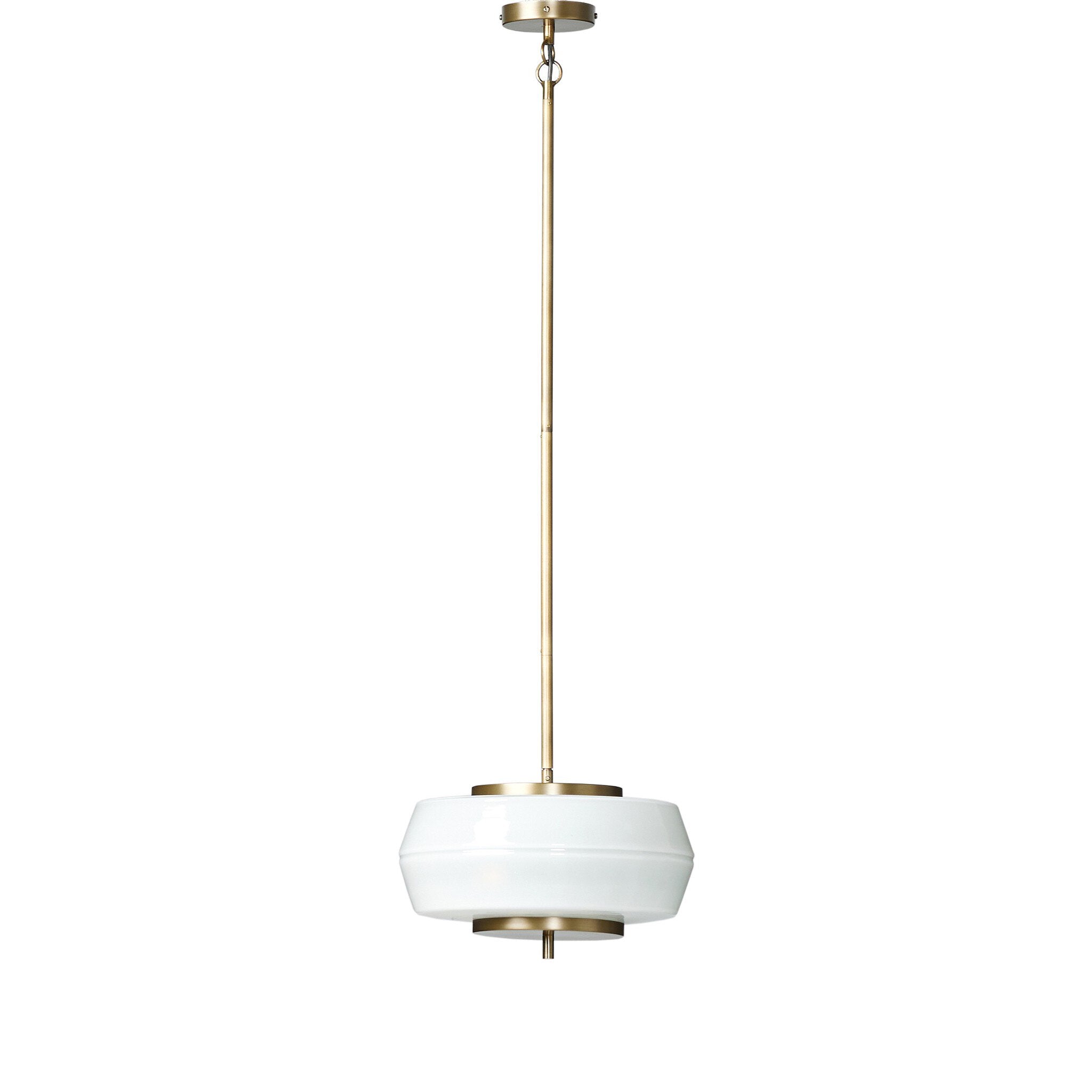 Featuring Tayden Frosted Globe Pendant by Four Hands at Amethyst Home. A frosted glass disk floats atop an antiqued brass iron frame in a low profile that works into a wide range of spaces. This piece is compatible with sloped ceilings.Overall Dimensions: 16.00"w x 16.00"d x 7.50"hWeight : 17.09 lbsMaterials : Glass, Iron. Amethyst Home provides interior design, new construction, custom furniture, and area rugs in the Boston metro area