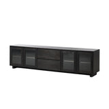Featuring Toni Worn Black Oak Media Console by Four Hands at Amethyst Home. Grand-scale with a wide, low profile. Glass doors bookend central wood drawers, balancing display and concealed storage. Worn black finish highlights clean lines, anchoring modern spaces with understated impact.Overall Dimensions: 92.00"w x 17.00"d x 24.00"hWeight : 179.90 lbsMaterials : Solid Oak, Thick. Amethyst Home provides interior design, new construction, custom furniture, and area rugs in the Kansas City metro area