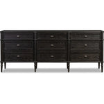 Made from distressed black-finished oak with slim legs, nine drawers bring antique European vibes to modern bedroom styling. This item has been modified to comply with the STURDY Act. See a full list of modified products and data changes in the “STURDY Act” file in the Downloads section below Amethyst Home provides interior design, new home construction design consulting, vintage area rugs, and lighting in the San Diego metro area.