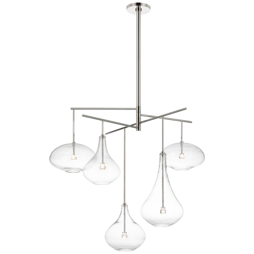Featuring Lomme XL Chandelier by Visual Comfort at Amethyst Home. The Lomme by Champalimaud showcases poetic silhouettes with hand-blown clear glass shades in the form of water droplets. These are gracefully suspended from gunmetal, nickel, or brass armatures in two types of chandeliers or as a single pendant and are beautiful both lit and unlit—inspirational.  Amethyst Home provides interior design, new home construction design consulting, vintage area rugs, and lighting in the Boston metro area.