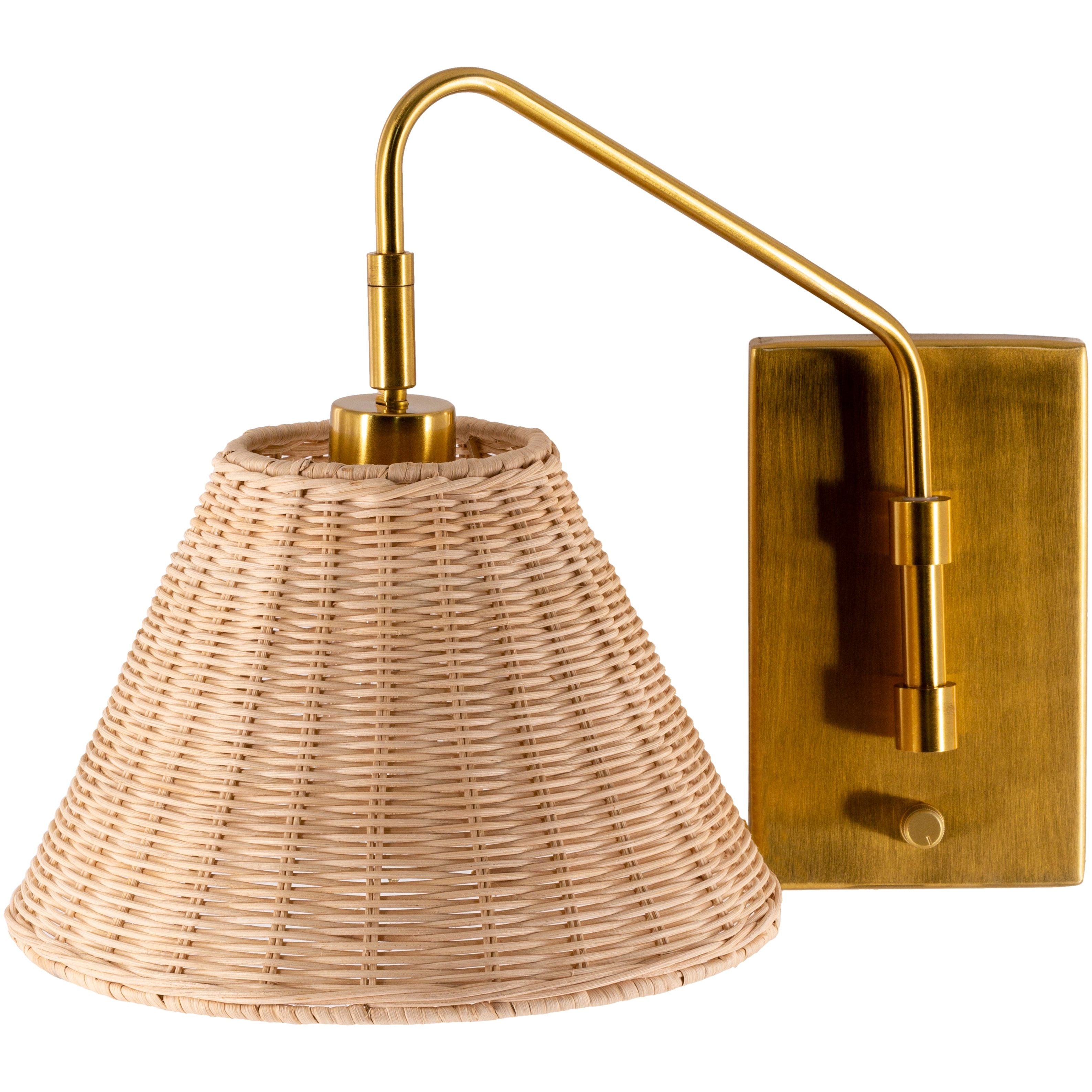 Featuring Stephi Wall Sconce by Surya at Amethyst Home. A fab mix of rattan and brass -- the Stephi wall sconce is a beautiful way to upgrade a space.  Enjoy a pivot shade and a cute little knob to turn on and off.
Fixture Dimensions: 15"L x 10"W x 12"HE-26/40 WUL CUL Certified.  Amethyst Home provides interior design, new home construction design consulting, vintage area rugs, and lighting in the Park City metro area.