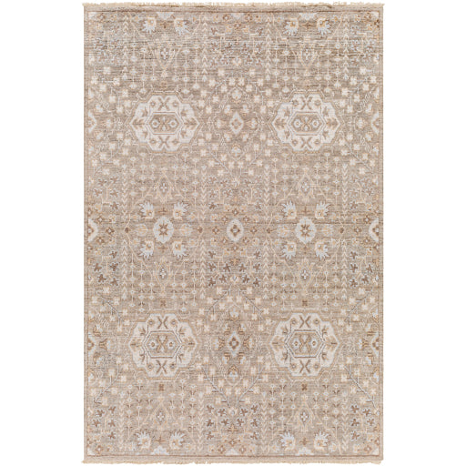 Featuring Kushal Dolores Hand-Knotted Rug by Surya at Amethyst Home. The Kushal Dolores rug is a stylish vintage-inspired piece crafted from a blend of soft viscose and wool. The lush taupe tones, contrasted with ice blues, creates a bright and bold statement for any living or dining room. The perfect addition for any interior, the Kushal Rug will bring a touch of class to y. Amethyst Home provides interior design, new construction, custom furniture, and area rugs in the Austin metro area KUS-2303