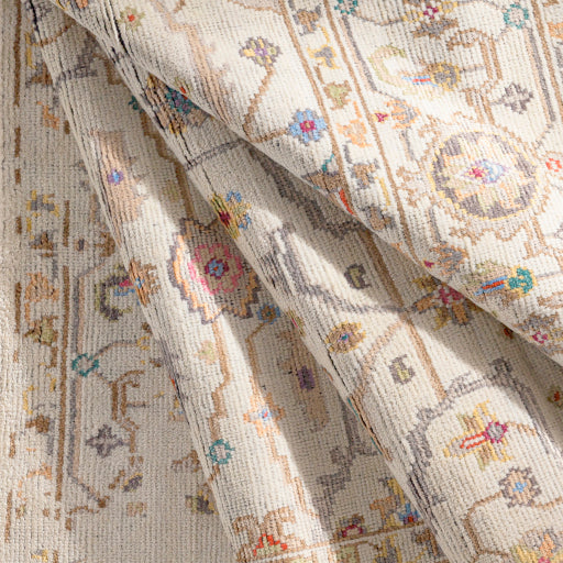 Featuring Kushal Freya Hand-Knotted Rug by Surya at Amethyst Home. The Kushal Freya rug is a stylish vintage-inspired piece crafted from a blend of soft viscose and wool. The lush cream tones, contrasted with pastel highlights, creates a bright and bold statement for any bedroom. The perfect addition for any interior, the Kushal Rug will bring a touch of class to your home. Amethyst Home provides interior design, new construction, custom furniture, and area rugs in the Potomac metro area. KUS-2306