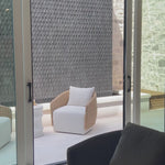 Sustainably made with zero waste, luxurious Italian upholstery places a new and unique spin on indoor/outdoor seating, offering soft, durable fabric that's highly resistant to sun, stains, mold and abrasion. Shell framing of faux hyacinth weaves for extra texture atop a 360-degree swivel. Cover or store indoors during inclement weather and when not in use. Amethyst Home provides interior design, new home construction design consulting, vintage area rugs, and lighting in the Calabasas metro area.