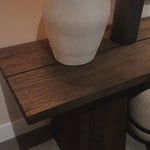 Smoked alder shapes a streamlined console table, with angular lines and wide proportions for a clean look with substance.Overall Dimensions: 94.00"w x 22.00"d x 30.00"hWeight : 136.35 lbsMaterials : Resawn Alder, Pine Plywood Amethyst Home provides interior design, new home construction design consulting, vintage area rugs, and lighting in the San Diego metro area.
