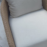 Sustainably made with zero waste, luxurious Italian upholstery places a new and unique spin on indoor/outdoor seating, offering soft, durable fabric that's highly resistant to sun, stains, mold and abrasion. Shell framing of faux hyacinth weaves for extra texture atop a 360-degree swivel. Cover or store indoors during inclement weather and when not in use. Amethyst Home provides interior design, new home construction design consulting, vintage area rugs, and lighting in the Laguna Beach metro area.