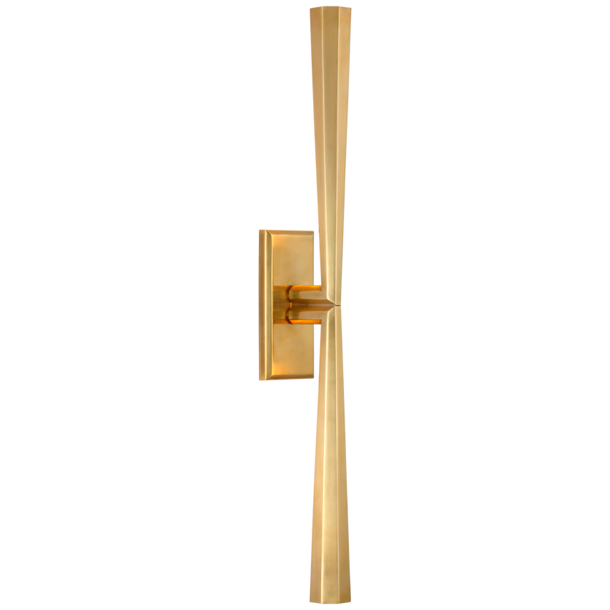 Featuring Galahad Linear Sconce by Visual Comfort at Amethyst Home. Eye-catching sleek metal lines define the Galahad by Thomas O'Brien. The minimalist aesthetic is at once modern and timeless, spanning sconces, chandeliers, and lanterns. Crafted from solid sculpted and welded brass, the refined fixtures will add a soft glow to rooms.Overall Dimensions: 3" .  Amethyst Home provides interior design, new home construction design consulting, vintage area rugs, and lighting in the Monterey metro area.