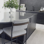 The back of the Chris stool is the star of the show.  Gorgeous wood detailing on an iron frame makes this stool attractive from all directions.  The Amethyst design team loves this style because it's comfortable to sit in for hours watching your favorite game.Counter Stool Overall Dimensions: 19. Amethyst Home provides interior design, new home construction design consulting, vintage area rugs, and lighting in the Newport Beach metro area.