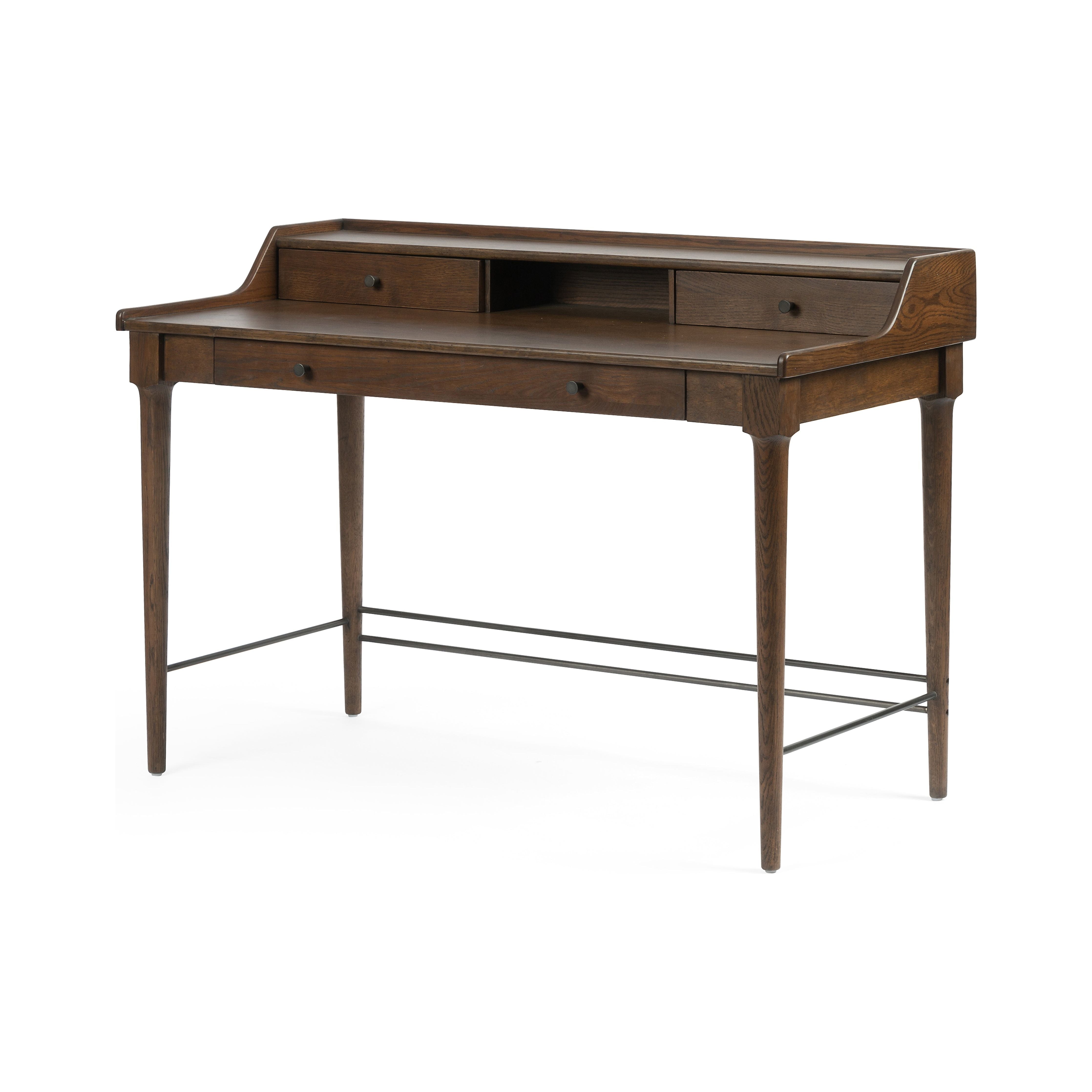 Featuring Moreau Writing Desk by Four Hands at Amethyst Home. Dark-toasted oak's rich brown finish speaks to mid-century inspiration, while plenty of storage meets the needs of a modern office with this Moreau Dark Toasted Oak Writing Desk. 
Overall Dimensions: 48"W x 23.5"L x 34.75"H
Colors: Dark Toasted Oak, Aged BlackMaterials: Solid Oak, IronWeight.  Amethyst Home provides interior design, new home construction design consulting, vintage area rugs, and lighting in the Winter Garden metro area.