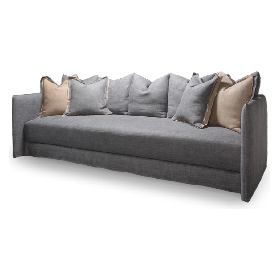 The Kate Sofa by Verellen is a modern-lovers dream!  The exaggerated high arms and juicy, spring down cushion are the ultimate in comfort. Removable multi-back down-filled pillows can be personalized to your liking. Shown in a heavy duty laundered casual linen. Extra deep with a moderately low seat height.  • Overall Height: 30” • Arm Height: 30” • Seat Height: 16.5” • Exterior Depth: 44” • Seat Depth: 27” • Interior Depth: 37”